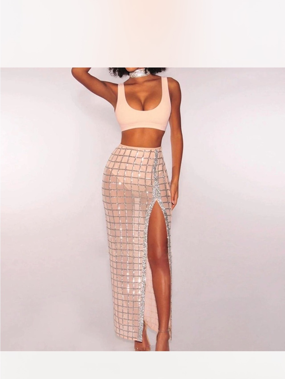Hot Miami Styles Nude Embellished Grid Maxi Skirt with High Slit